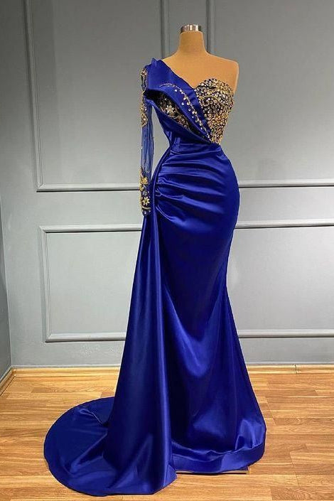 Chic Royal Blue Long Sleeves Prom Dress Mermaid One Shoulder With Crystals