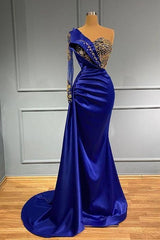 Chic Royal Blue Long Sleeves Prom Dress Mermaid One Shoulder With Crystals