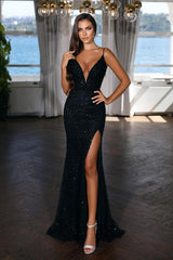 New Arrival V-Neck Spaghetti-Straps Prom Dress Sequins Mermaid With Slit