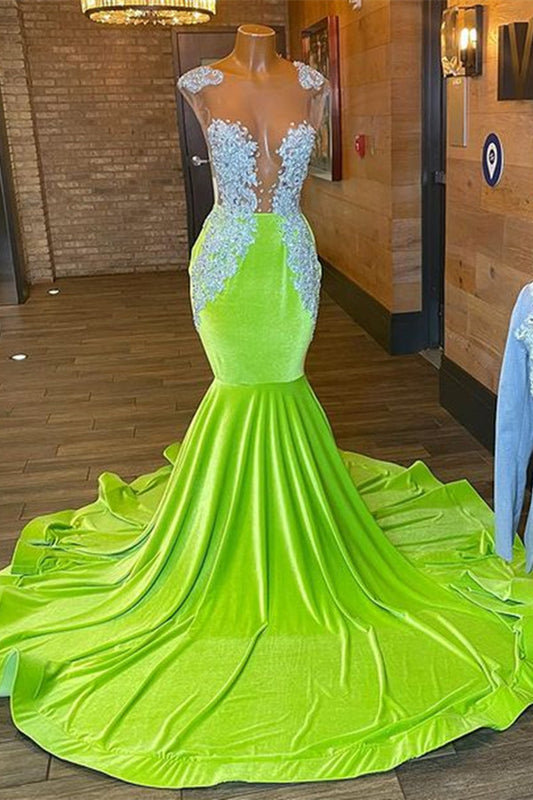Stunning Green Cap Sleeves Mermaid Prom Dresses Long With Lace Appliques