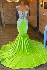 Stunning Green Cap Sleeves Mermaid Prom Dresses Long With Lace Appliques
