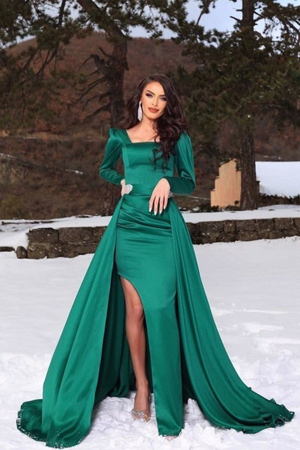 Modern Emerald Green Long Sleeves Prom Dress mermaid Split Long