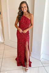 Charming One Shoulder Sleeveless Mermaid Prom Dress Sequins With Split Long