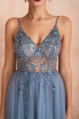 Gorgeous Spaghetti-Straps V-Neck Prom Dress Beadings SPlit Tulle Long Open Back