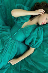Gorgeous Emerald Bubble Sleeves Tulle Prom Dress With Buttons V-Neck