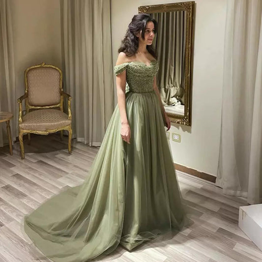 Classic Off-the-Shoulder Sage Prom Dress Sequins Long Tulle With Beads