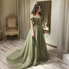 Classic Off-the-Shoulder Sage Prom Dress Sequins Long Tulle With Beads