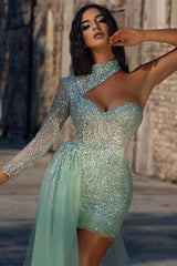 Charming High Neck Long Sleeves Prom Dress Sequins Beadings With Tulle Ruffle