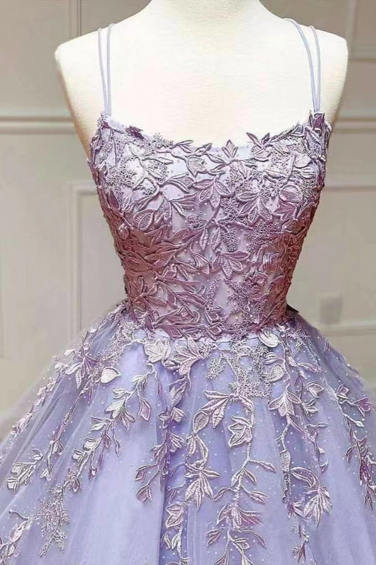 Lilac Spaghetti-Straps A-Line Appliques Evening Dress with Tulle
