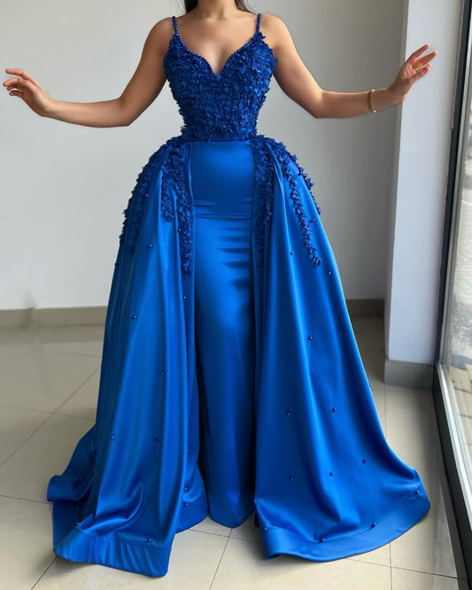 Beautiful Royal Blue Spaghetti-Straps Prom Dresses Overskirt Sleeveless With Pearls Appliques