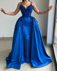 Beautiful Royal Blue Spaghetti-Straps Prom Dresses Overskirt Sleeveless With Pearls Appliques
