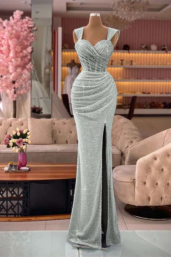  Glamorous Straps Sweetheart Mermaid Sequin Split Evening Dress with Pleats