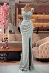  Glamorous Straps Sweetheart Mermaid Sequin Split Evening Dress with Pleats