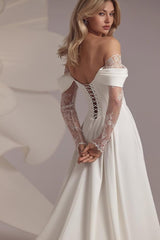 Elegant White Satin Off-the-Shoulder Gown with Long Sleeves and Lace Split | Ballbellas