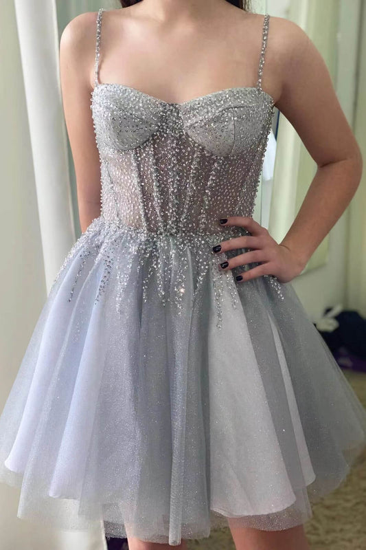 Silver Gray Short Tulle Prom Dress Sleeveless Homecoming Dress With Sequins