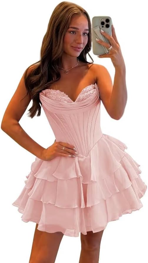 SEIM Strapless Corset Short Homecoming Dresses for Teens 2025 Tiered Ruffle Graduation Cocktail Party Dress