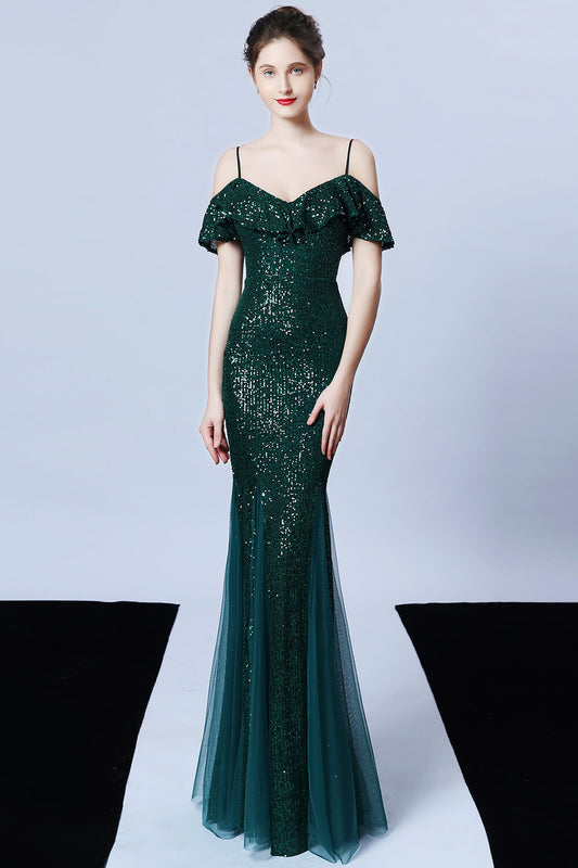 Spaghetti-Straps Mermaid Sequins Prom Dress With Ruffles