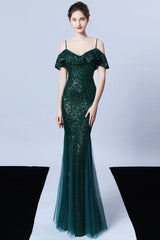 Spaghetti-Straps Mermaid Sequins Prom Dress With Ruffles