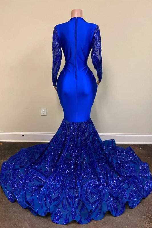 Gorgeous Royal Blue Long Sleeves Prom Dress Mermaid Sequins