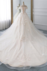 Elegant Off-the-Shoulder Princess Wedding Gown in Tulle with Lace Appliques