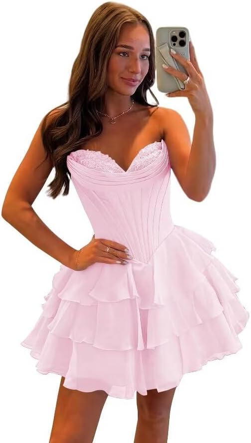 SEIM Strapless Corset Short Homecoming Dresses for Teens 2025 Tiered Ruffle Graduation Cocktail Party Dress