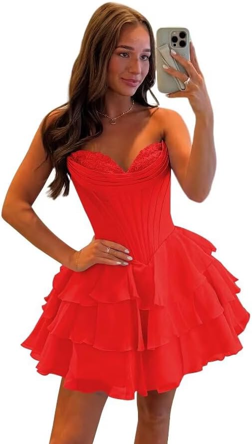 SEIM Strapless Corset Short Homecoming Dresses for Teens 2025 Tiered Ruffle Graduation Cocktail Party Dress