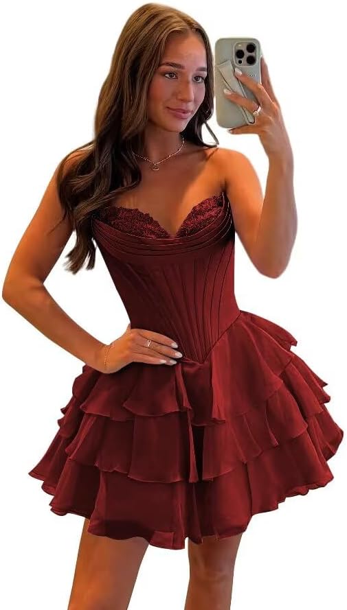 SEIM Strapless Corset Short Homecoming Dresses for Teens 2025 Tiered Ruffle Graduation Cocktail Party Dress