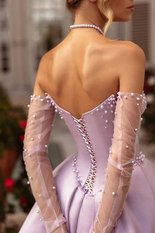 Purple Sleeveless Strapless Sweetheart A-Line Beads Prom Dress