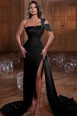 Glamorous One Shoulder Mermaid Sequins Evening Dress with Slit Ruffles
