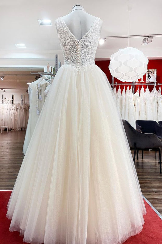 Elegant Ivory Princess Wedding Dress with V-neck, Long Ruffles, and Tulle Lace