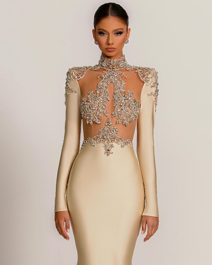 Chic Long Sleeves High Neck Prom Dresses Mermaid With Beads Crystal
