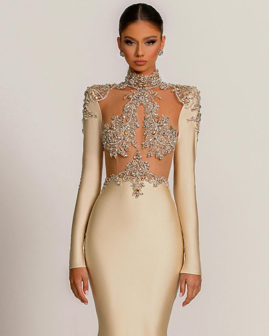 Chic Long Sleeves High Neck Prom Dresses Mermaid With Beads Crystal