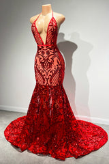 Charming Red Deep V-Neck Sleeveless Prom Dress Mermaid Sequins Long