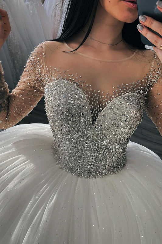 Long-Sleeved Wedding Gown with Shimmery Crystal Beadings