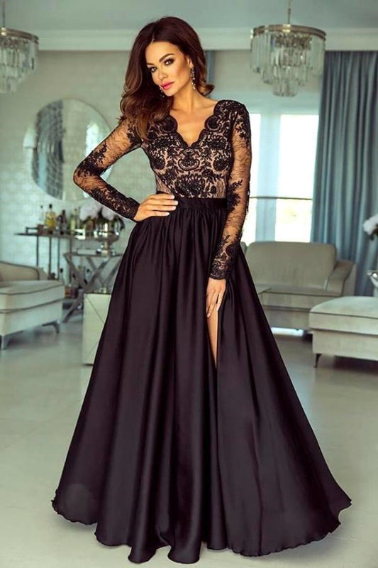 Amazing Long Sleeves Black Prom Dress Long Appliques Split
