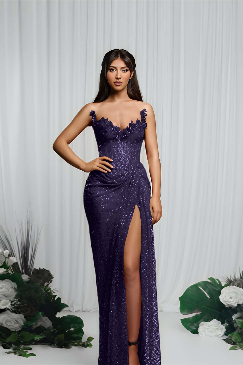 Gorgeous Red V-Neck Sequin Mermaid Prom Dress Sleeveless High Split