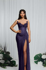Gorgeous Red V-Neck Sequin Mermaid Prom Dress Sleeveless High Split
