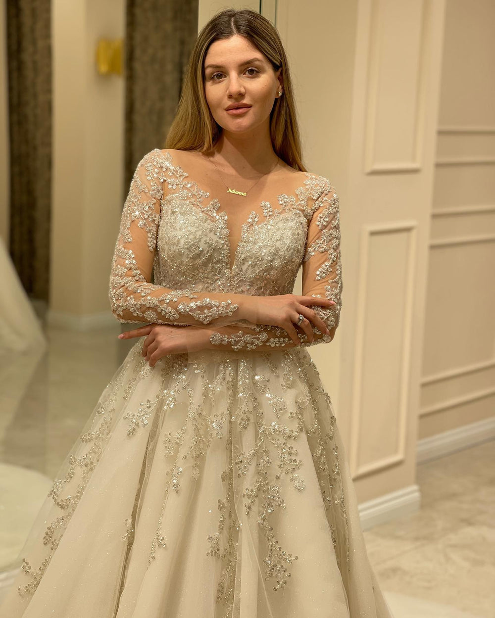 Elegant A-line Wedding Dress with Long Lace Appliques and Sleeves
