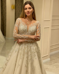 Elegant A-line Wedding Dress with Long Lace Appliques and Sleeves