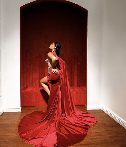 Modern Red One Shoulder Prom Dress Mermaid With Crystal High Split