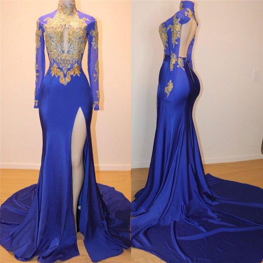 Royal Blue Long Sleeves Prom Dresses Fit and Flare Slit Prom Dress Appliques