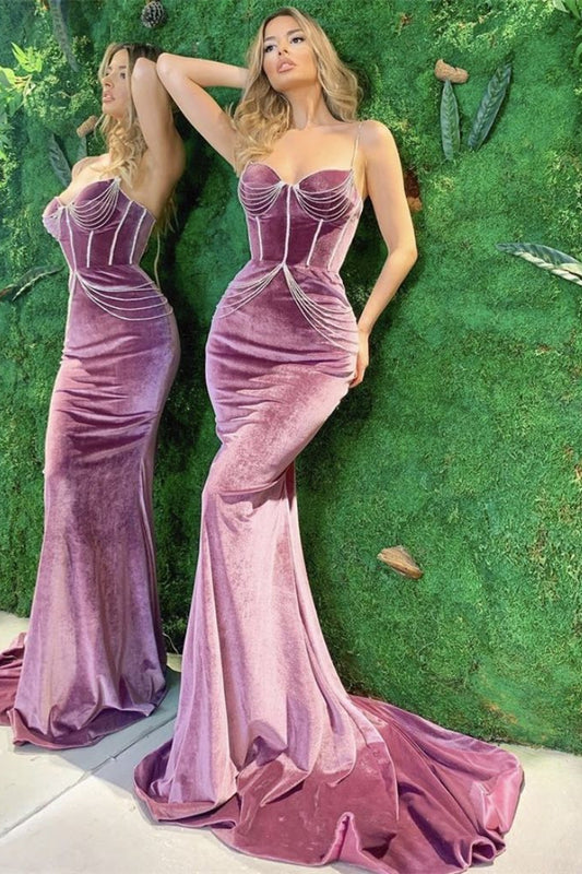 Gorgeous Purple Spaghetti-Straps Velvet Mermaid Prom Dress Sleeveless