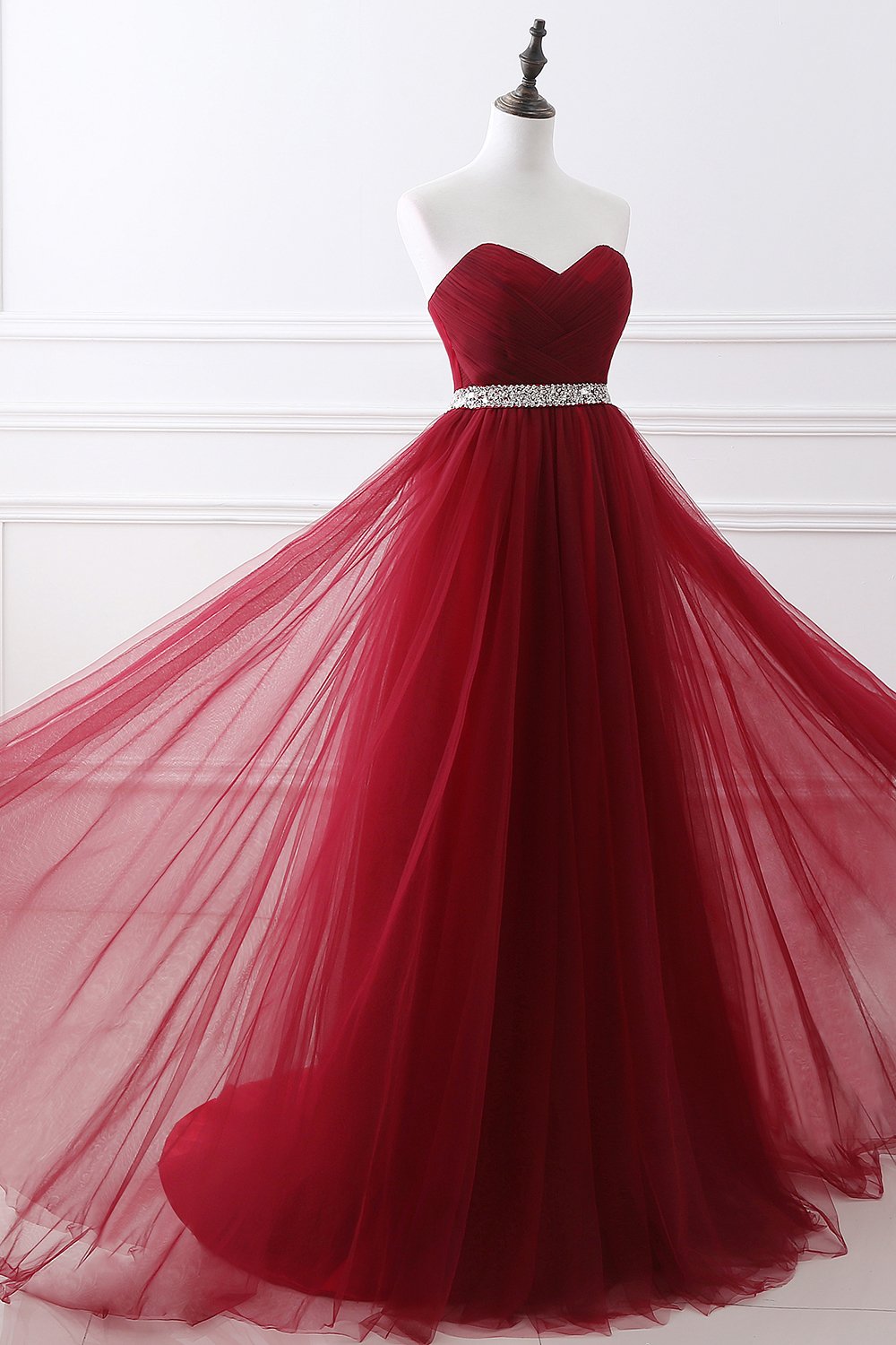 Burgundy Sweetheart Tulle Long prom Dress Crystal
