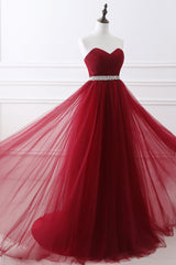 Burgundy Sweetheart Tulle Long prom Dress Crystal
