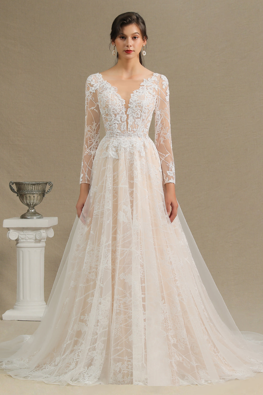 Elegant Long-Sleeve Illusion Wedding Gown in Sheer Tulle with Lace