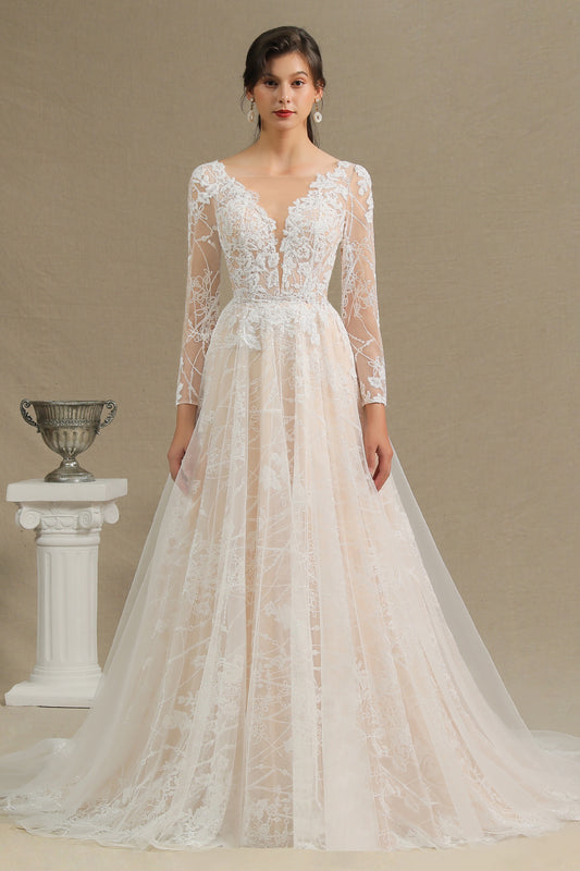 Elegant Long-Sleeve Illusion Wedding Gown in Sheer Tulle with Lace