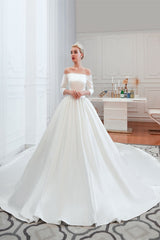 Off-the-Shoulder Satin Wedding Gown with Half Sleeves