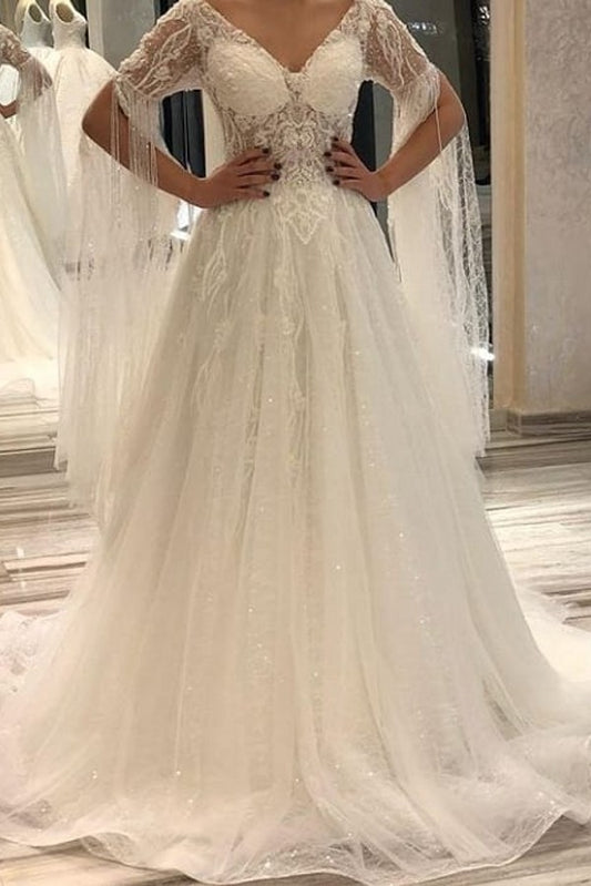 Elegant Short-Sleeve Backless A-Line Wedding Gown with Deep V-Neck, Lace Appliques, and Pearls