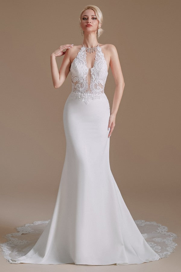 Long Satin Wedding Dress with Elegant Mermaid Halter and Backless Lace Appliques