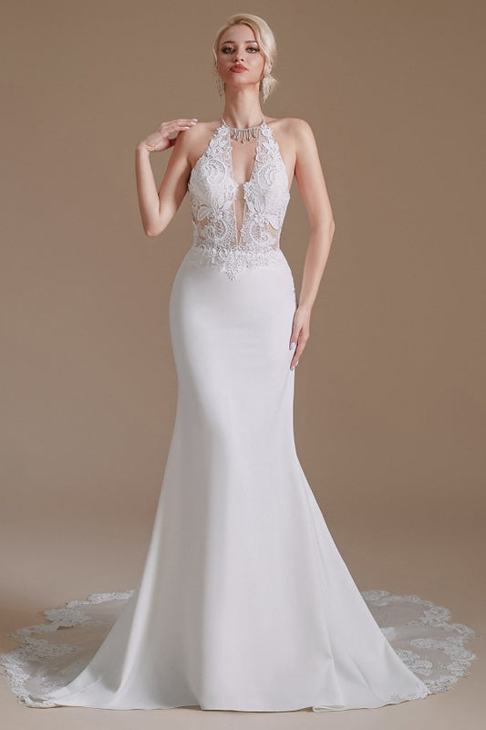 Long Satin Wedding Dress with Elegant Mermaid Halter and Backless Lace Appliques